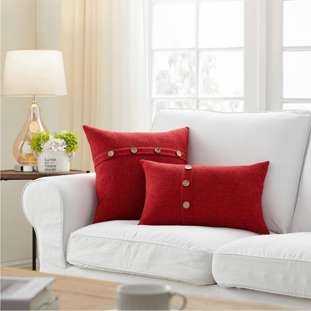 Farmhouse Mid Century Modern Bohemian Decorative Red Linen Pillow Case Cover - Picture 2 of 15